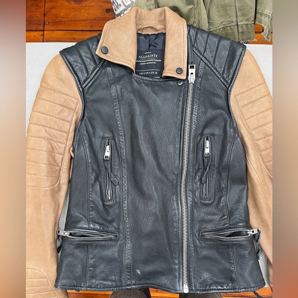 ALL SAINTS leather motorcycle jacket with light padding. Camel/ black mix